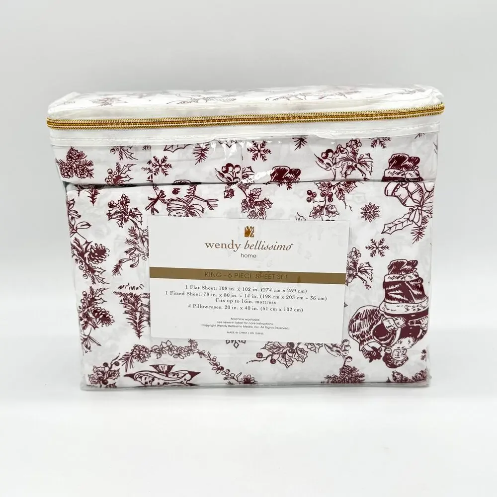Wendy Bellissimo 6pc KING Santa Snowman Bells Red Winter Christmas Sheet Set NEW